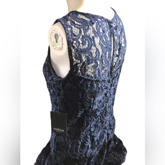 MARINA Navy Illusion Yoke Lace Gown Sequins Dress Size 8 NEW WITH TAG - Picture 9 of 15
